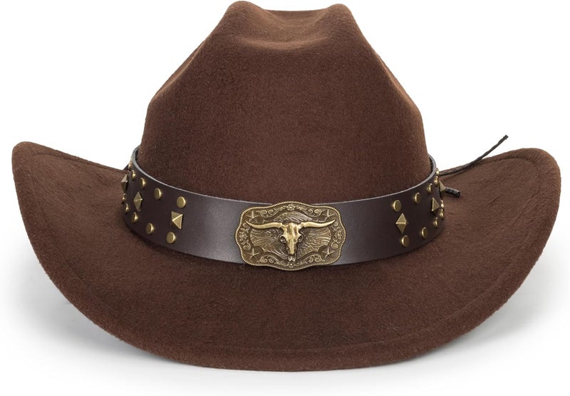 FGSS Classic-Western-Cowboy-Hat Upturn-Brim Felt-Cowgirl-Hat Rodeo-Hats with Belt for Women Men (Fit for 22.4-23.2") - Image 2